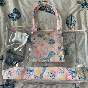 Lilly Pulitzer Pink and Yellow Floral Transparent  beach bag tote